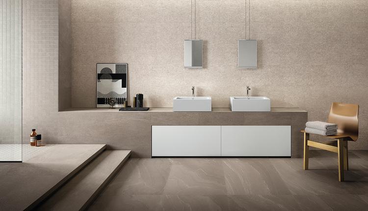 Stone Talk | Emilceramica Porcelain Stoneware Ergon Stone Talk Stone Bathroom Taupe Minimal,sand Rullata,taupe Martellata | Emilceramica